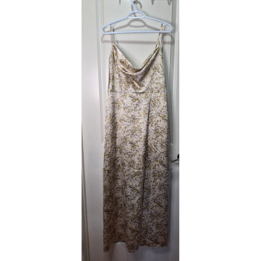 Thread‎ Floral Cowl Neck Maxi Dress Yellow Grey Satin Feel Front Slit Size L